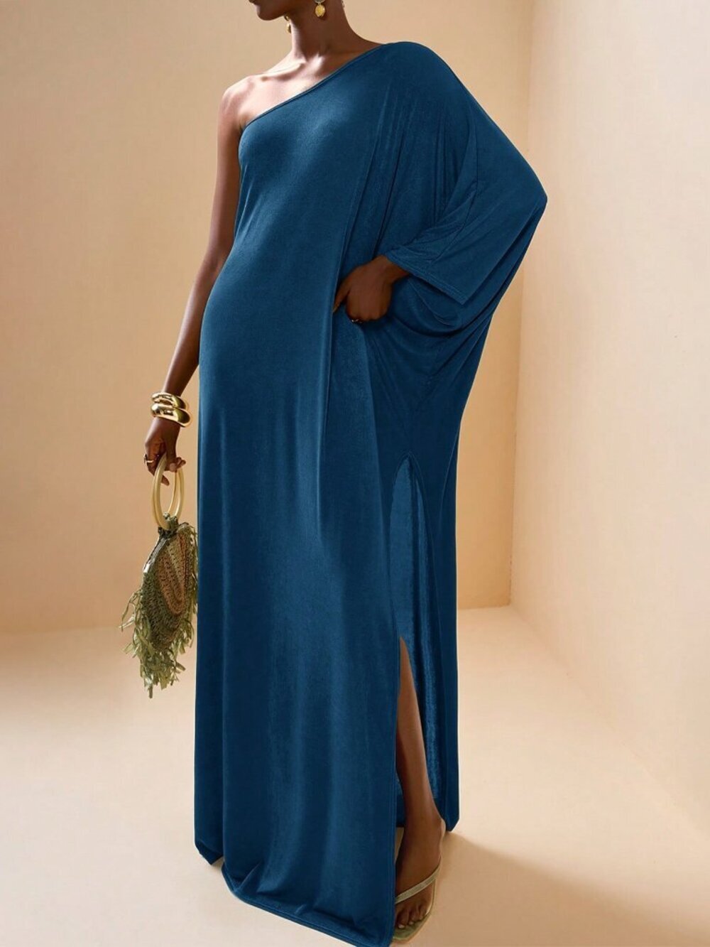 Navy Blue Casual Women's Beach High Slit One-Shoulder Robe Cover Up Swimwear